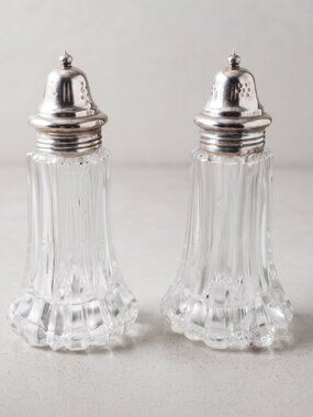 Vintage Ribbed Crystal Glass Salt & Pepper Shakers Silver Plate Tops England